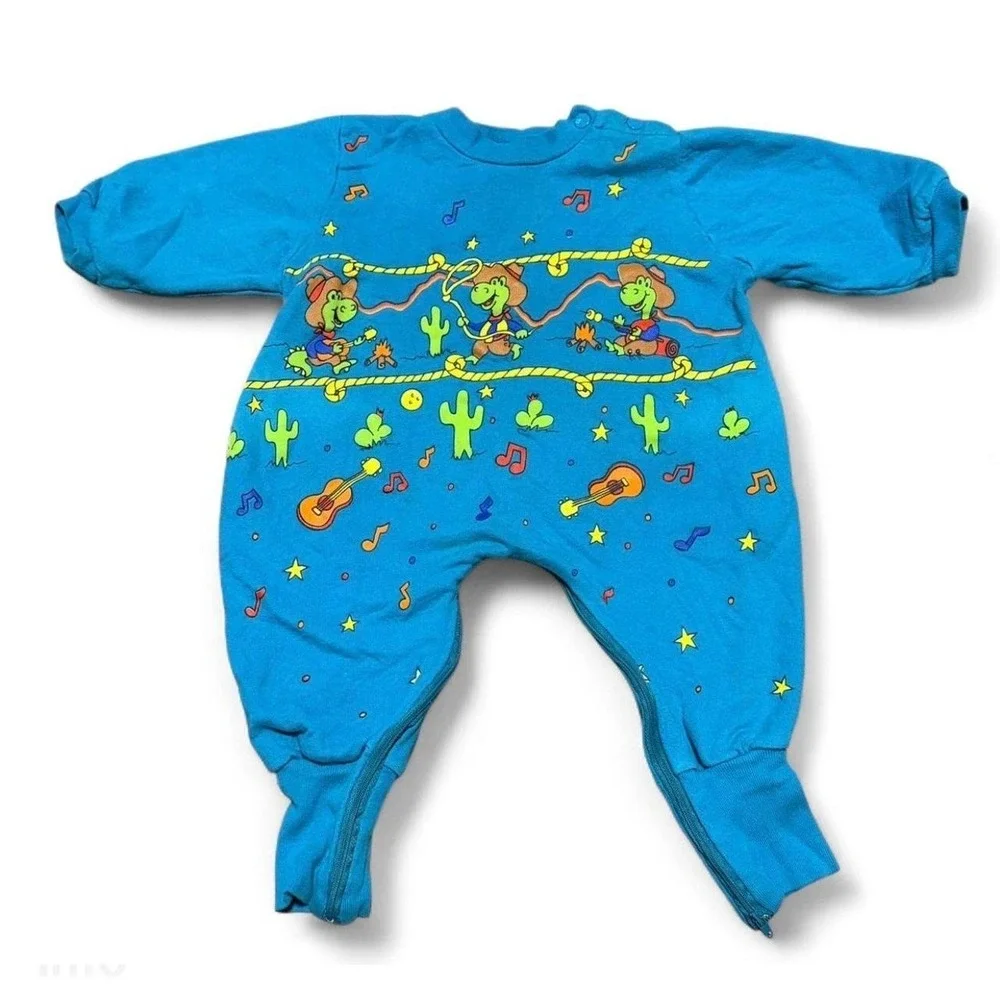 Vintage Joggles Toddler Romper Cowboy Dinosaur Blue Zipper 18 Months USA